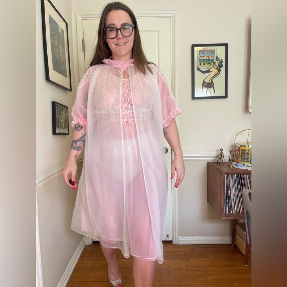 60s Vintage Two Piece Pink Nylon Peignoir Set